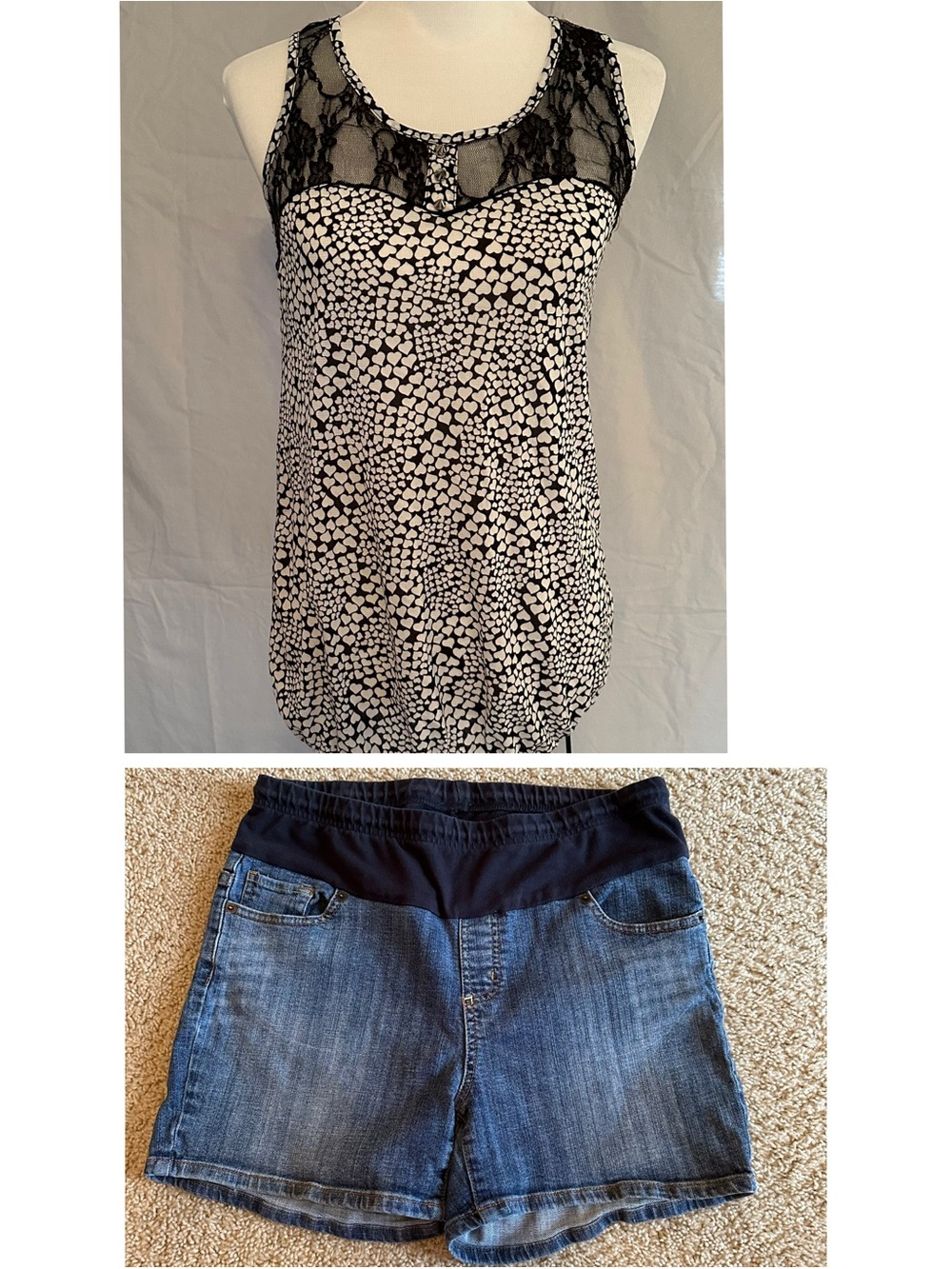 Maternity Bundle - Hearts & Lace Tank Top + Dark Denim Maternity Shorts Large